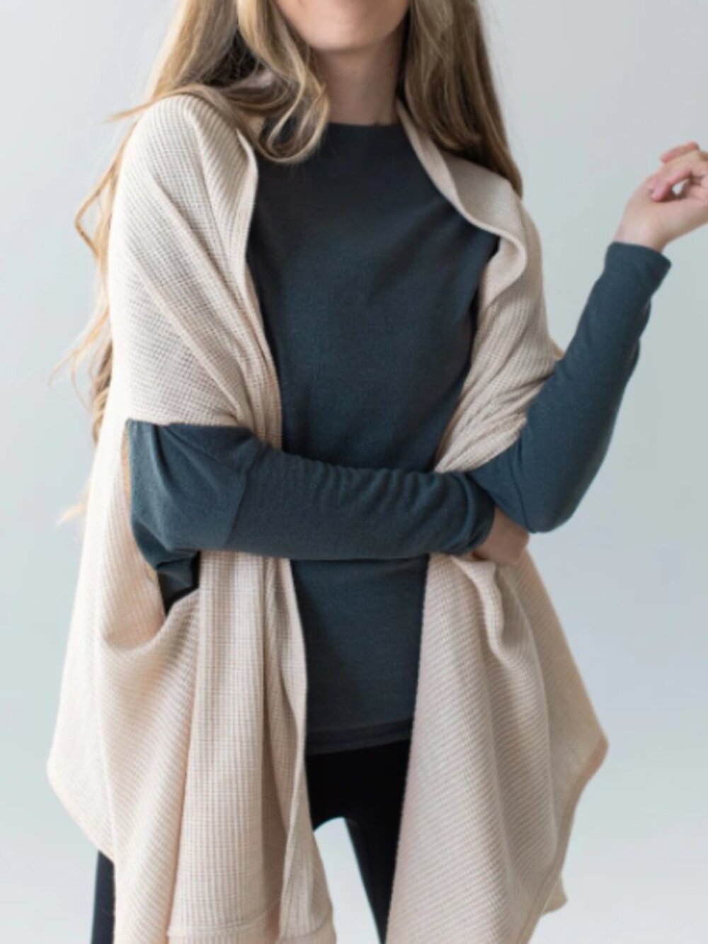 Savvi Jolie Wrap, Light Cream Draped Open-Front Women's Sweater Wrap OS